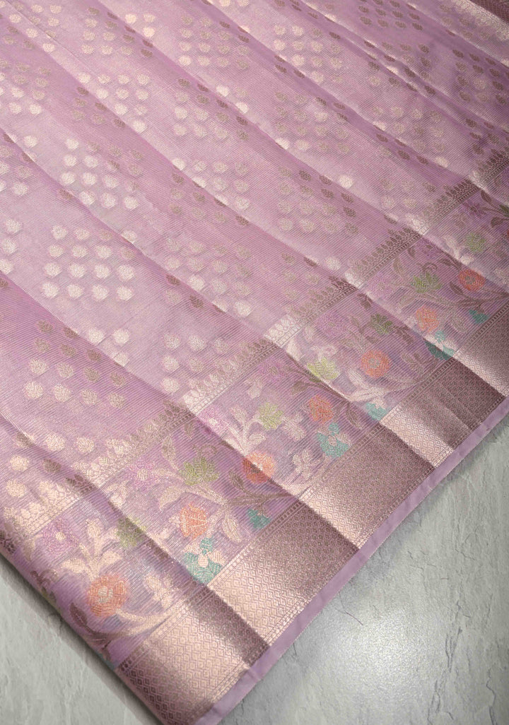 Lilac Tissue Kanjivaram Semi Silk Saree with Leaf Buttas and Pastel meenakari Vine border
