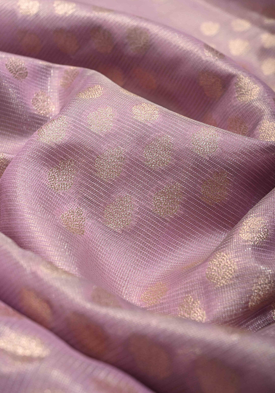 Lilac Tissue Kanjivaram Semi Silk Saree with Leaf Buttas and Pastel meenakari Vine border