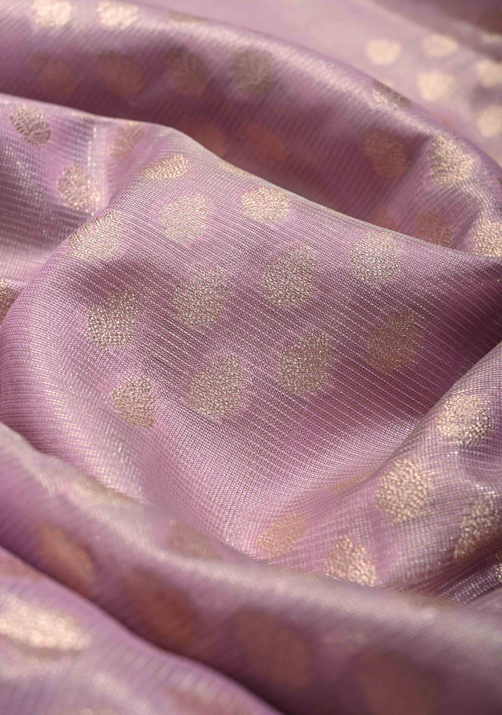 Lilac Tissue Kanjivaram Semi Silk Saree with Leaf Buttas and Pastel meenakari Vine border