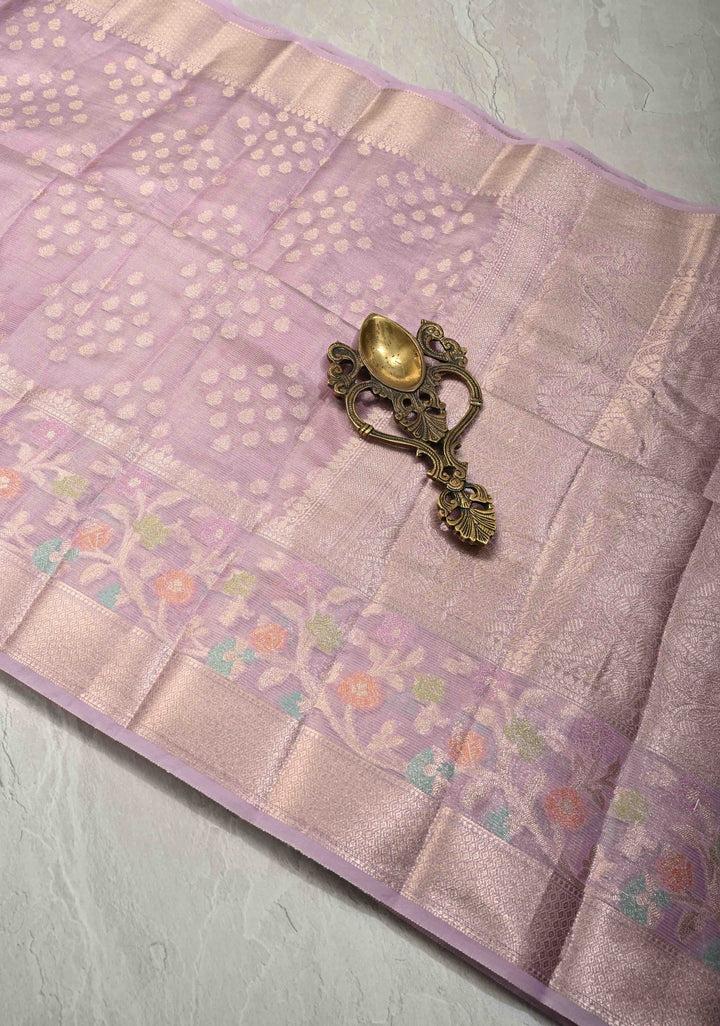 Lilac Tissue Kanjivaram Semi Silk Saree with Leaf Buttas and Pastel meenakari Vine border