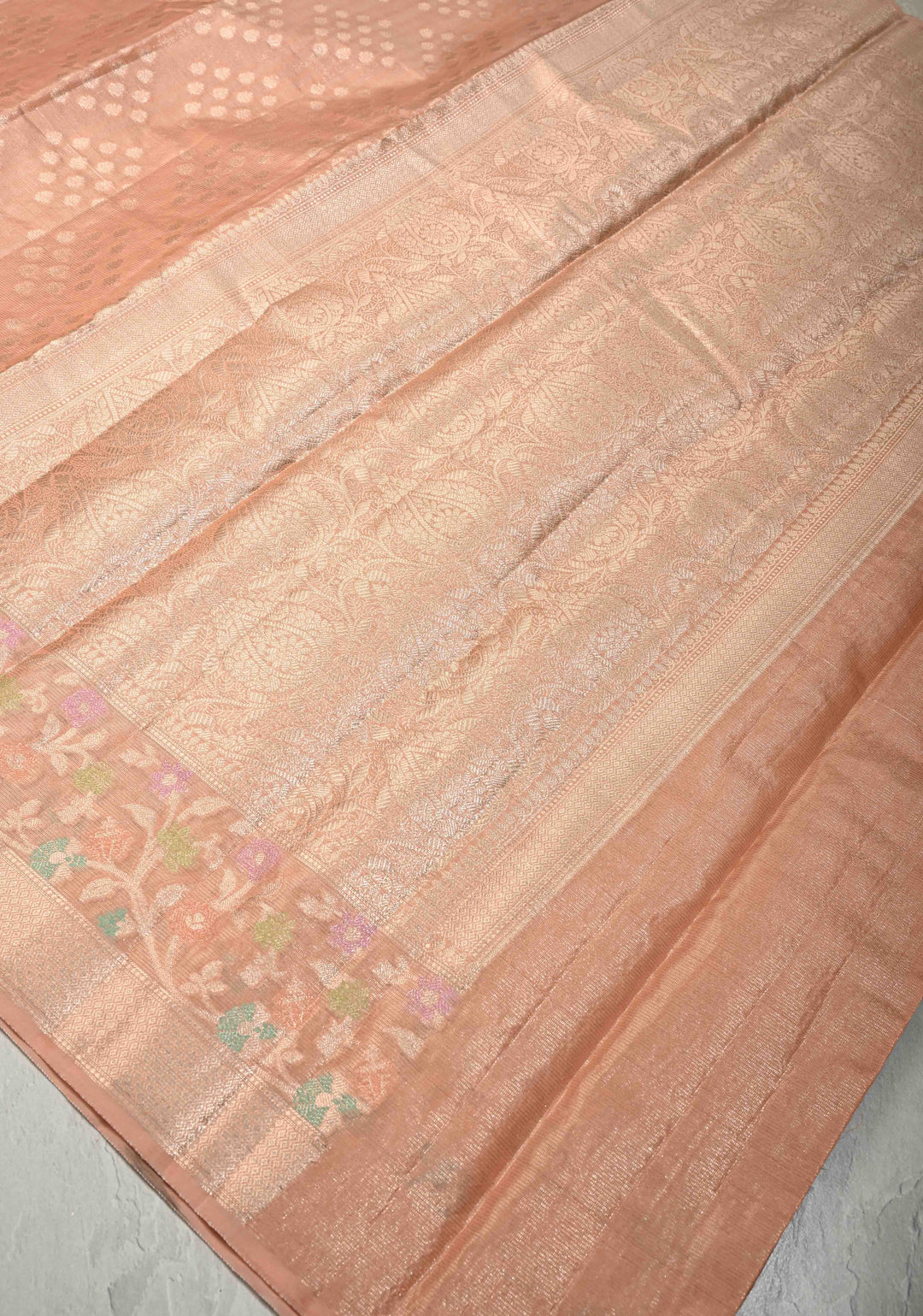 Peach Pink Tissue Kanjivaram Semi Silk Saree with Gold Leaf Buttas and Pastel meenakari Vine border