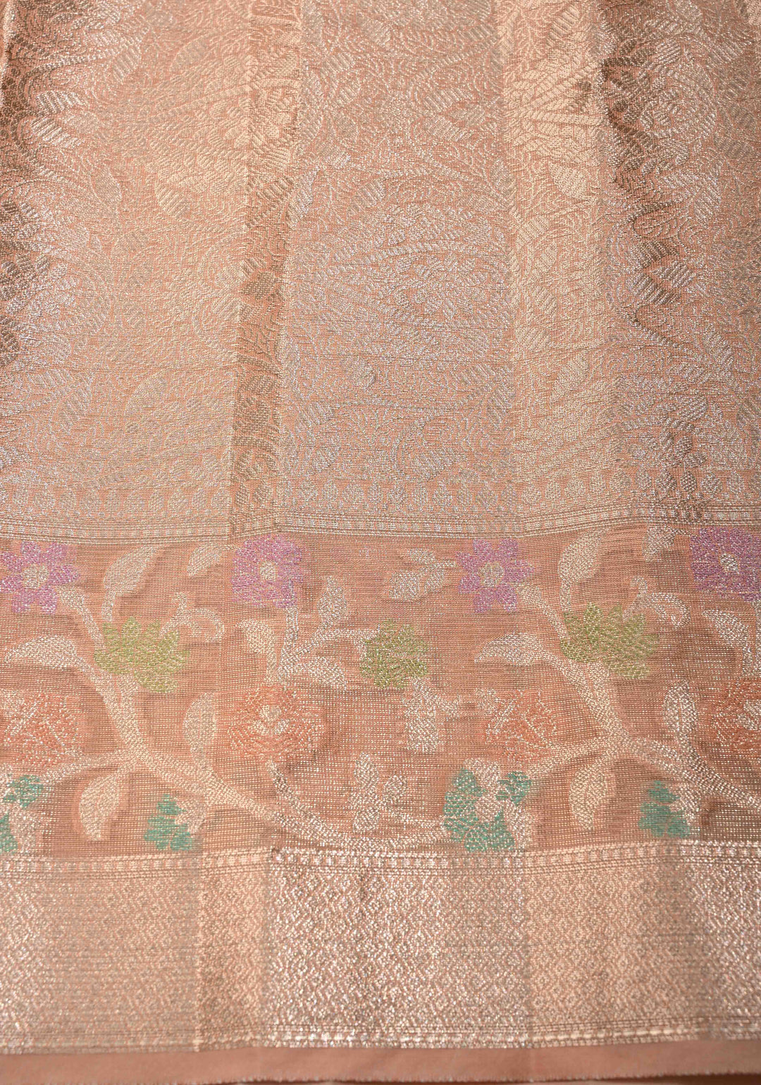 Peach Pink Tissue Kanjivaram Semi Silk Saree with Gold Leaf Buttas and Pastel meenakari Vine border