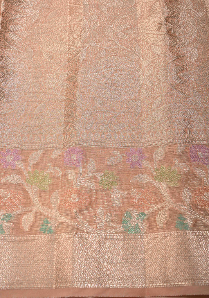 Peach Pink Tissue Kanjivaram Semi Silk Saree with Gold Leaf Buttas and Pastel meenakari Vine border