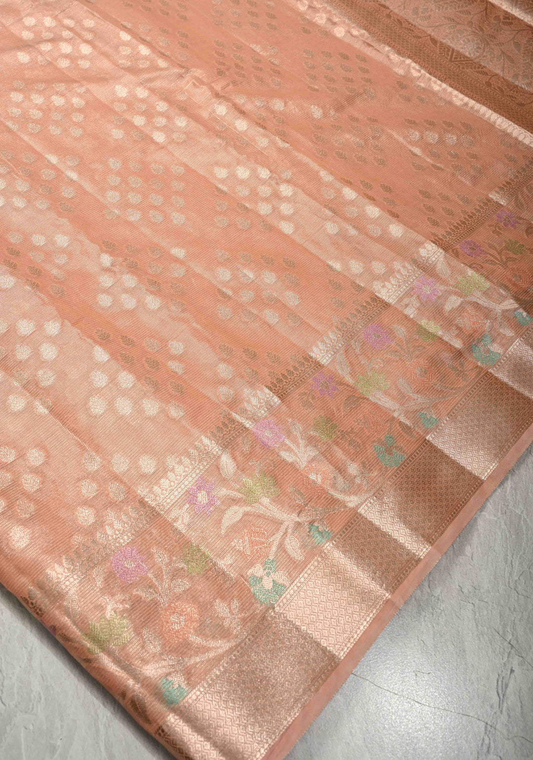 Peach Pink Tissue Kanjivaram Semi Silk Saree with Gold Leaf Buttas and Pastel meenakari Vine border