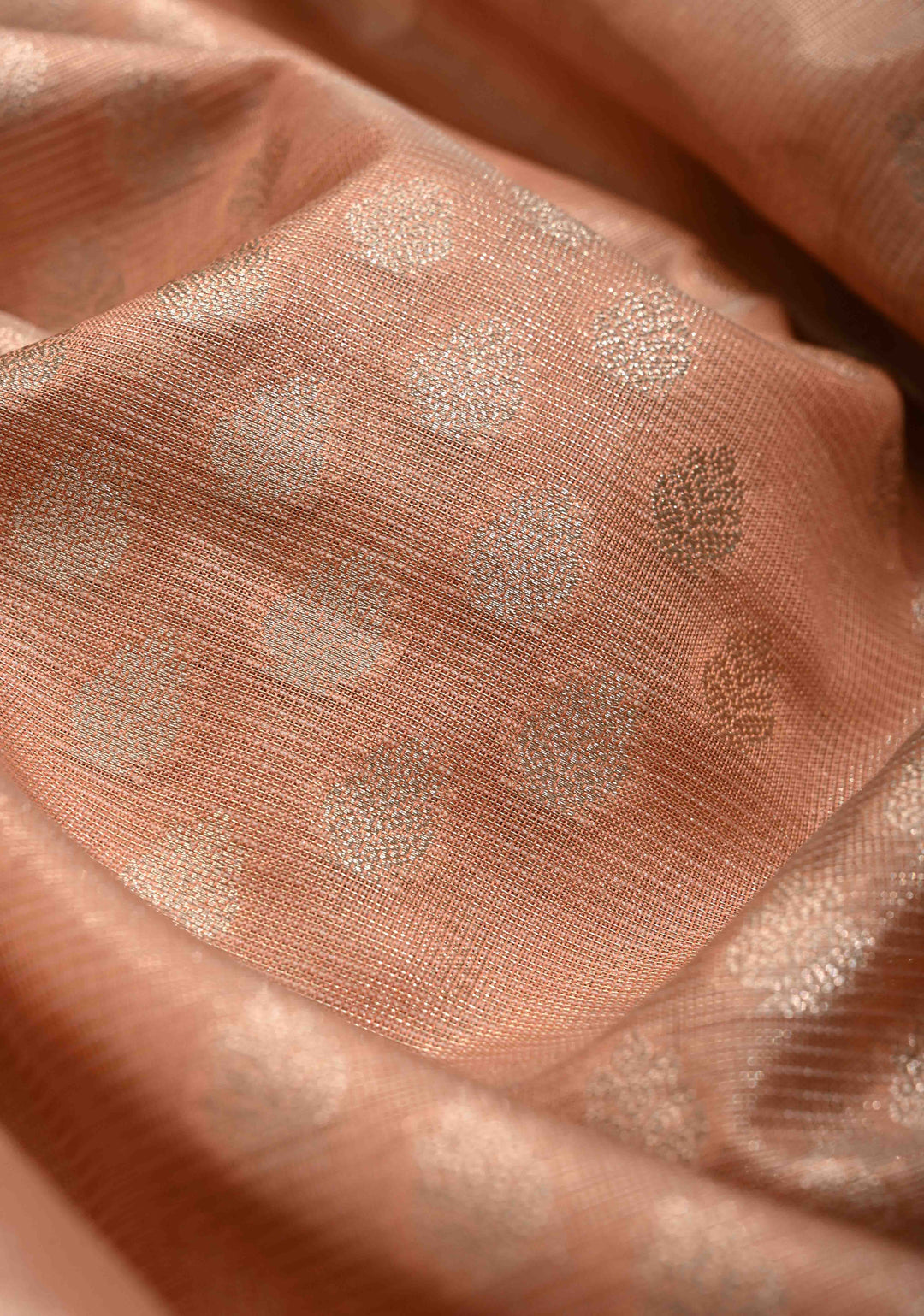 Peach Pink Tissue Kanjivaram Semi Silk Saree with Gold Leaf Buttas and Pastel meenakari Vine border