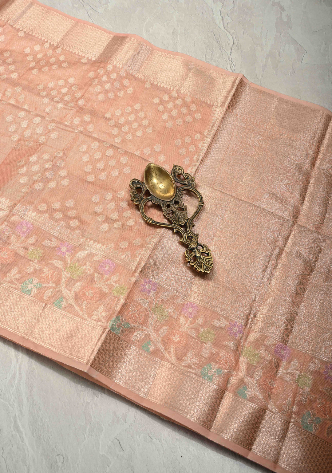 Peach Pink Tissue Kanjivaram Semi Silk Saree with Gold Leaf Buttas and Pastel meenakari Vine border