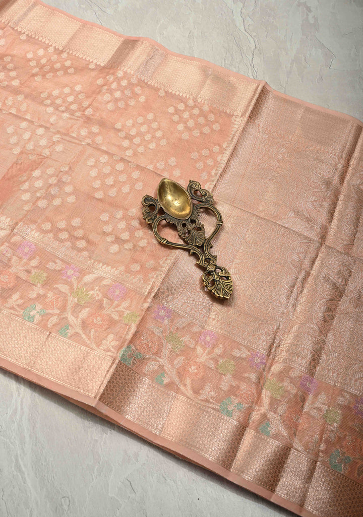 Peach Pink Tissue Kanjivaram Semi Silk Saree with Gold Leaf Buttas and Pastel meenakari Vine border