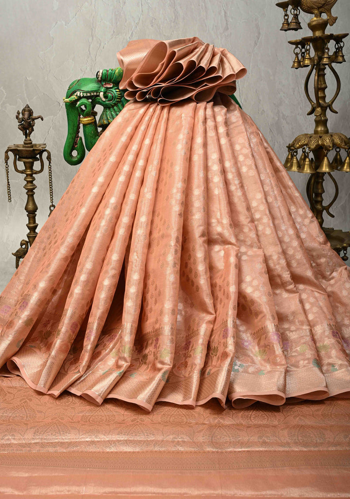 Peach Pink Tissue Kanjivaram Semi Silk Saree with Gold Leaf Buttas and Pastel meenakari Vine border