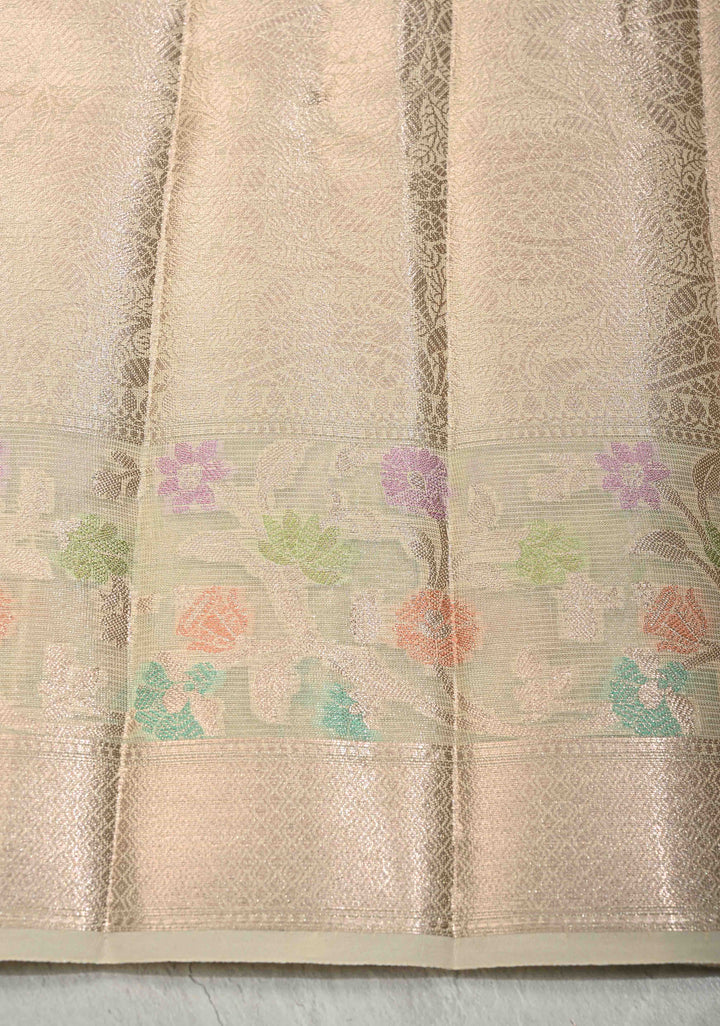 Ivory Tissue Kanjivaram Semi Silk Saree with  Leaf Buttas and Pastel meenakari Vine border