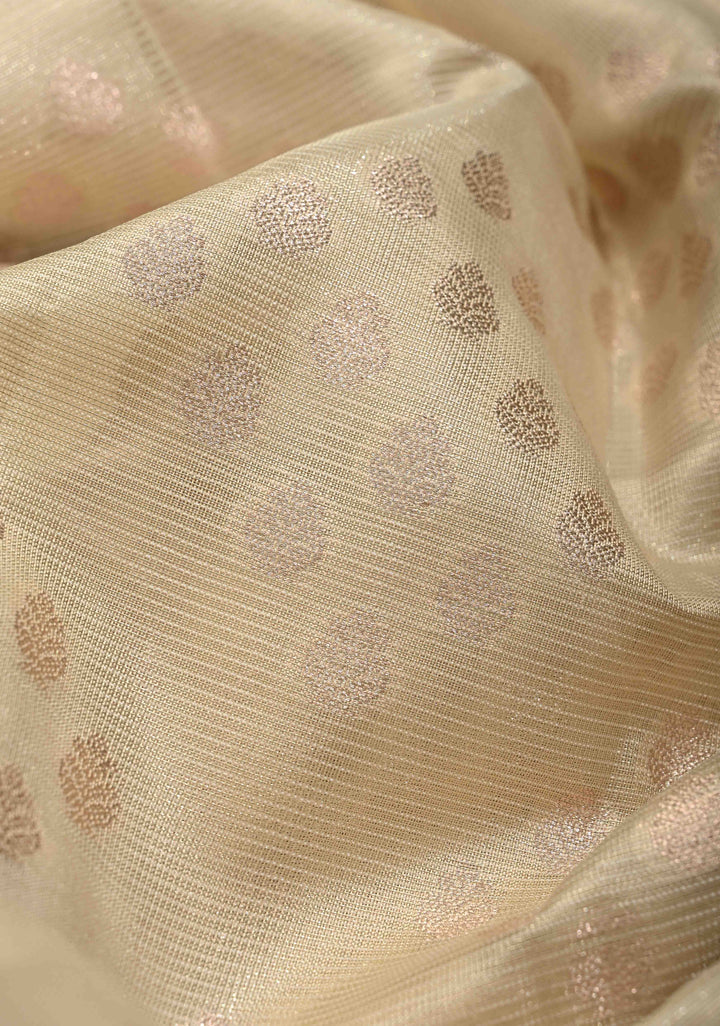 Ivory Tissue Kanjivaram Semi Silk Saree with  Leaf Buttas and Pastel meenakari Vine border