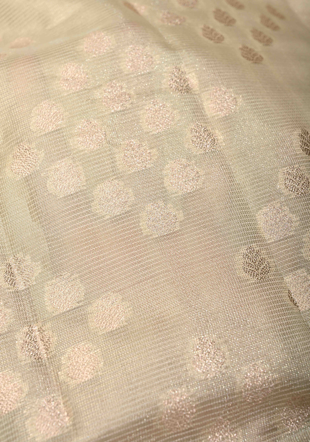 Ivory Tissue Kanjivaram Semi Silk Saree with  Leaf Buttas and Pastel meenakari Vine border