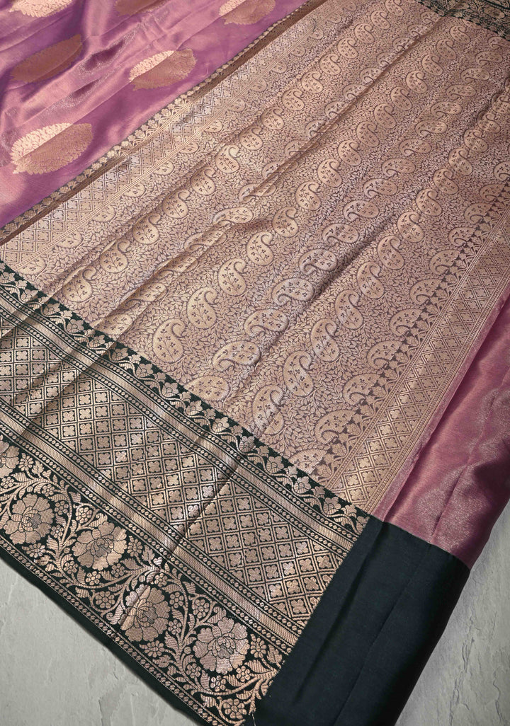 Mauve Pink Tissue Kanjivaram Semi Silk Saree with Floral Buttas and Dark Green wide Border