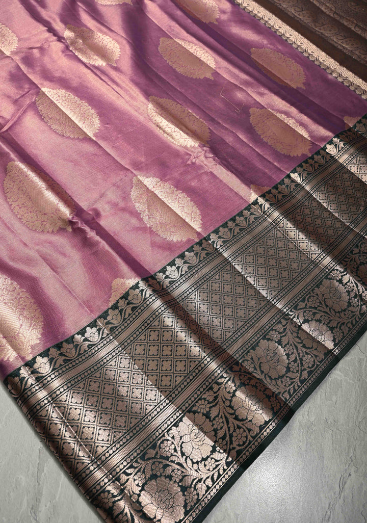 Mauve Pink Tissue Kanjivaram Semi Silk Saree with Floral Buttas and Dark Green wide Border