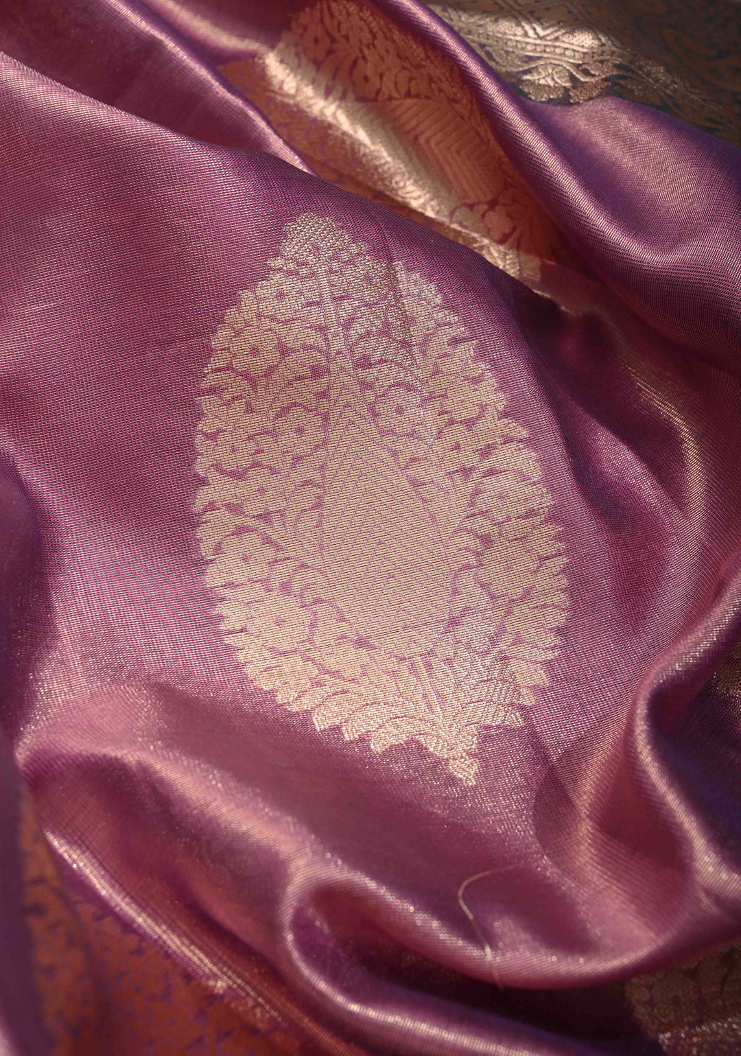 Mauve Pink Tissue Kanjivaram Semi Silk Saree with Floral Buttas and Dark Green wide Border