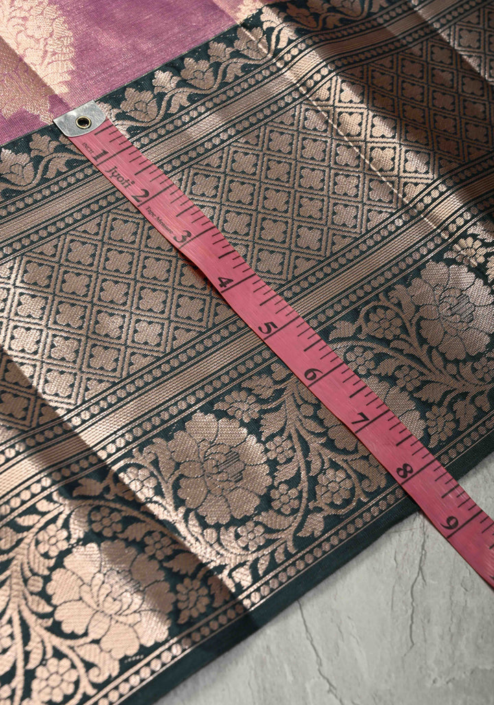 Mauve Pink Tissue Kanjivaram Semi Silk Saree with Floral Buttas and Dark Green wide Border
