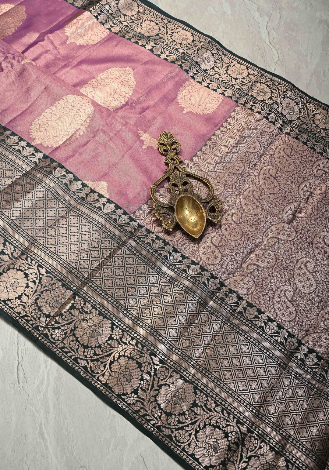 Mauve Pink Tissue Kanjivaram Semi Silk Saree with Floral Buttas and Dark Green wide Border