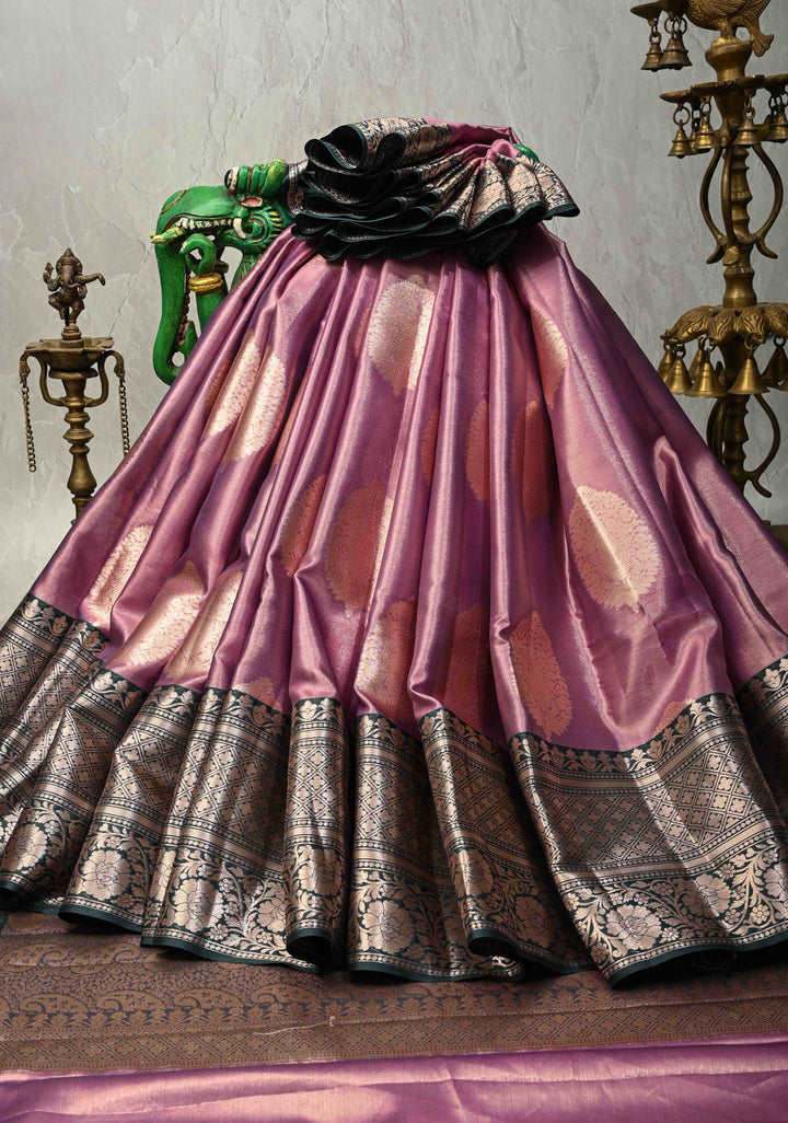 Mauve Pink Tissue Kanjivaram Semi Silk Saree with Floral Buttas and Dark Green wide Border