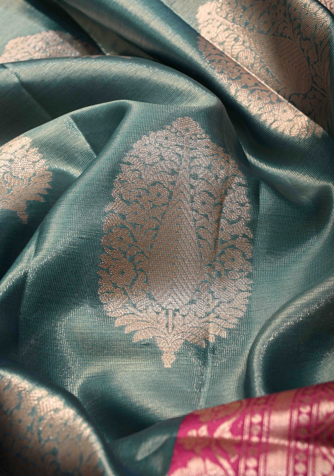 Teal Blue Tissue Kanjivaram Semi Silk Saree with Large Floral Zari Buttas and Pink Floral Wide Border