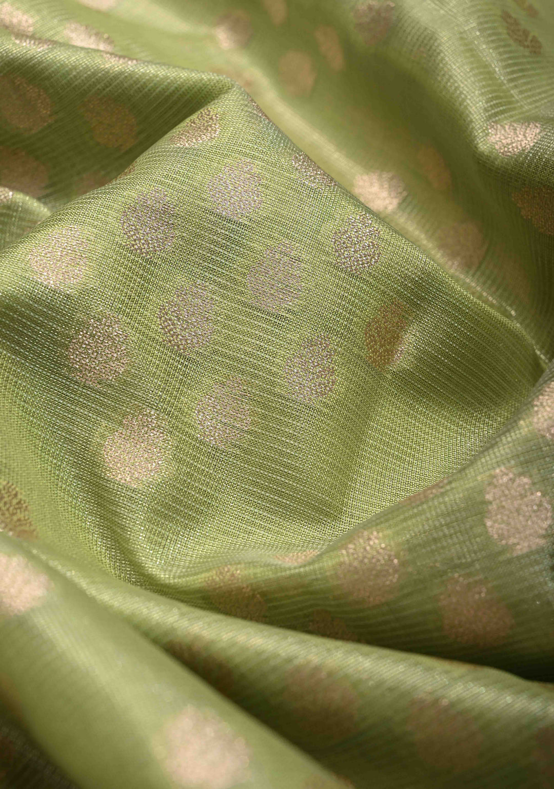 Light olive Green Tissue Kanjivaram Semi Silk Saree with Leaf Buttas and Pastel meenakari Vine border
