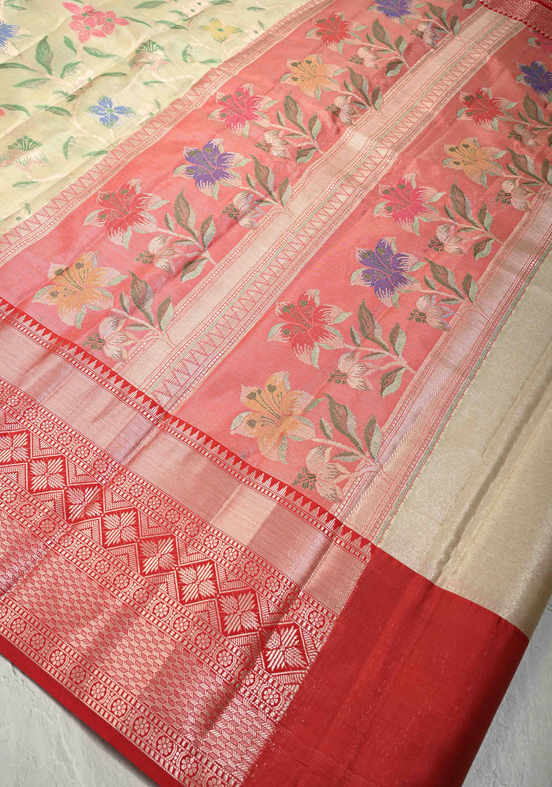 Mint Green Kanjivaram Tissue Semi Silk Saree with Meenakari Floral Jaal and Contrast Zari Border