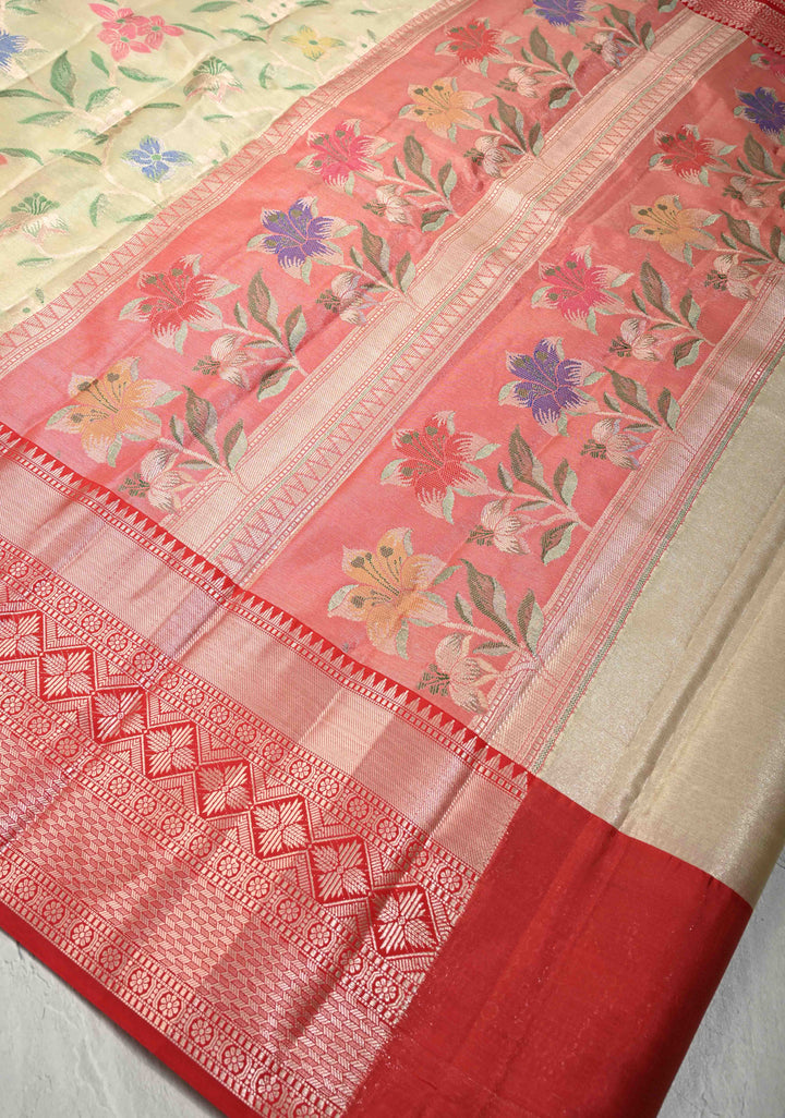 Mint Green Kanjivaram Tissue Semi Silk Saree with Meenakari Floral Jaal and Contrast Zari Border
