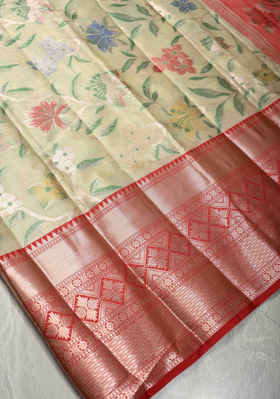 Mint Green Kanjivaram Tissue Semi Silk Saree with Meenakari Floral Jaal and Contrast Zari Border