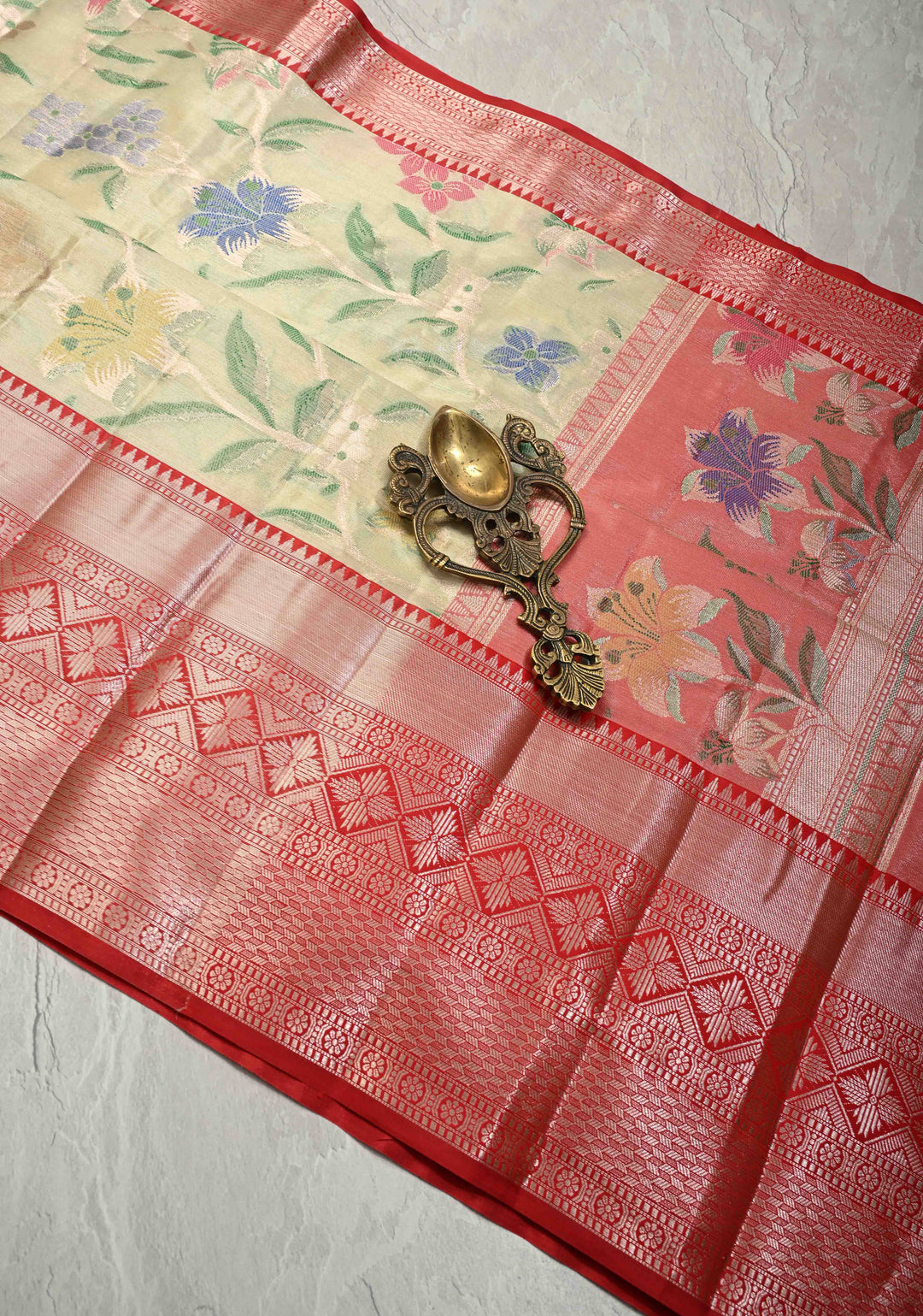 Mint Green Kanjivaram Tissue Semi Silk Saree with Meenakari Floral Jaal and Contrast Zari Border