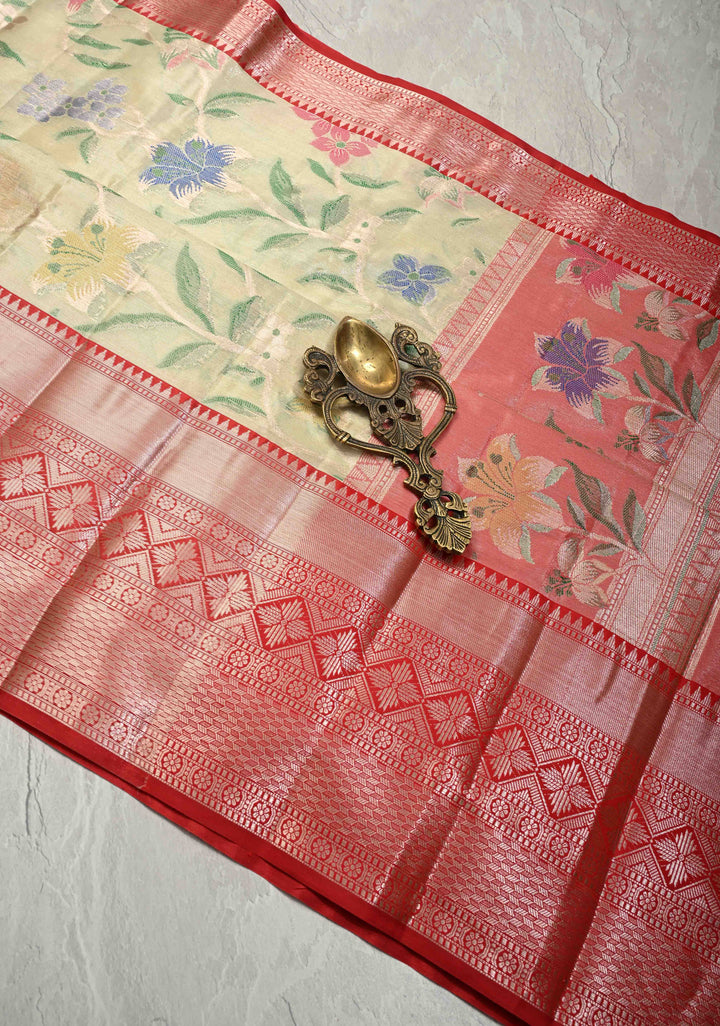 Mint Green Kanjivaram Tissue Semi Silk Saree with Meenakari Floral Jaal and Contrast Zari Border