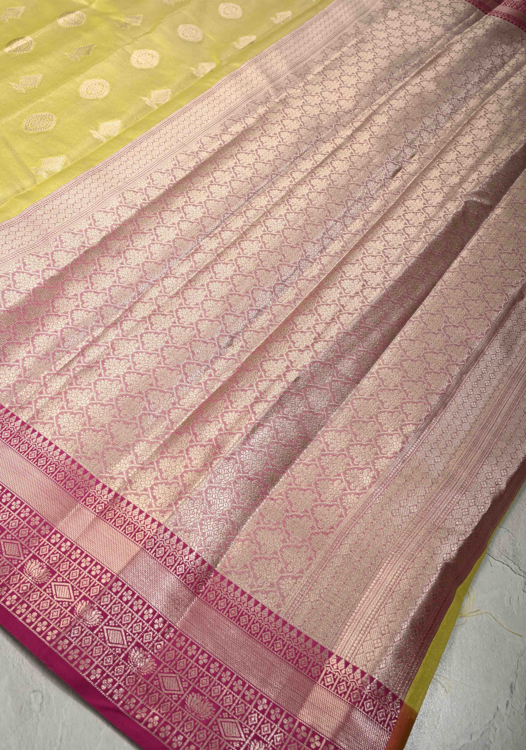 Mustard Yellow Kanjivaram Tissue Semi Silk Saree with Zari Buttas and Contrast Zari Border