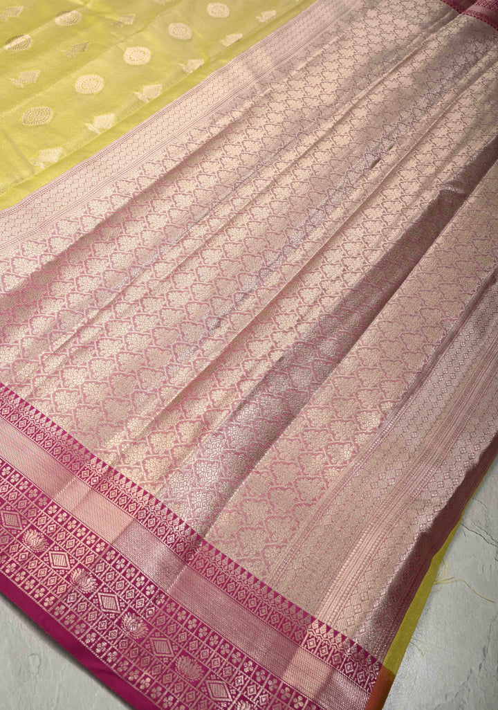 Mustard Yellow Kanjivaram Tissue Semi Silk Saree with Zari Buttas and Contrast Zari Border