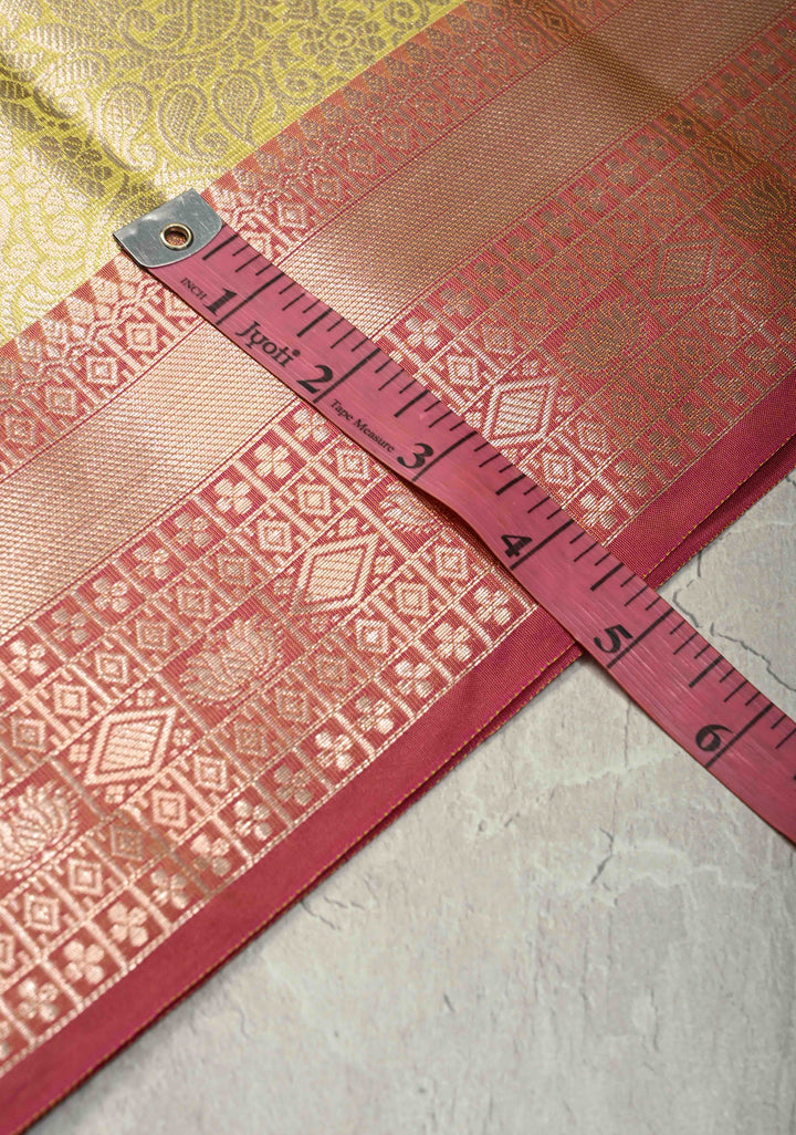 Mustard Yellow Kanjivaram Tissue Semi Silk Saree with Zari Buttas and Contrast Zari Border