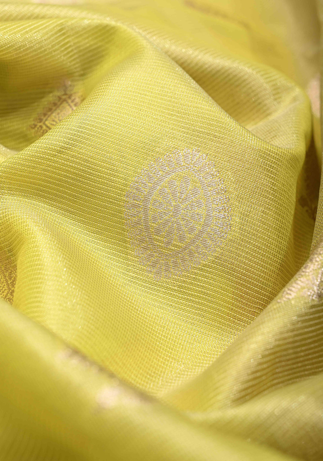 Mustard Yellow Kanjivaram Tissue Semi Silk Saree with Zari Buttas and Contrast Zari Border