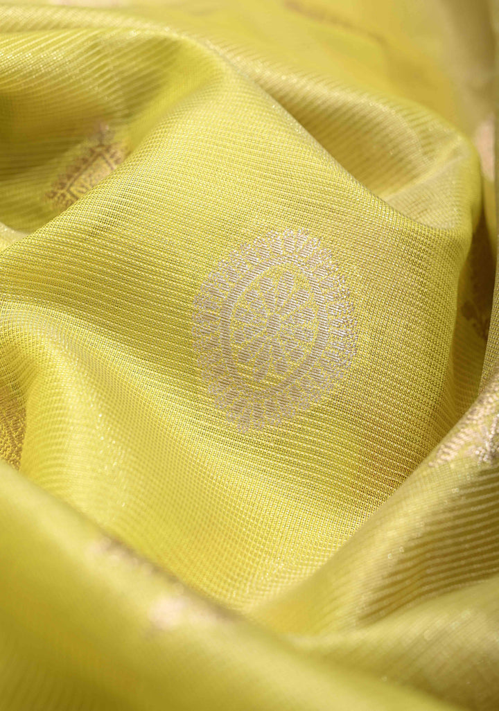 Mustard Yellow Kanjivaram Tissue Semi Silk Saree with Zari Buttas and Contrast Zari Border