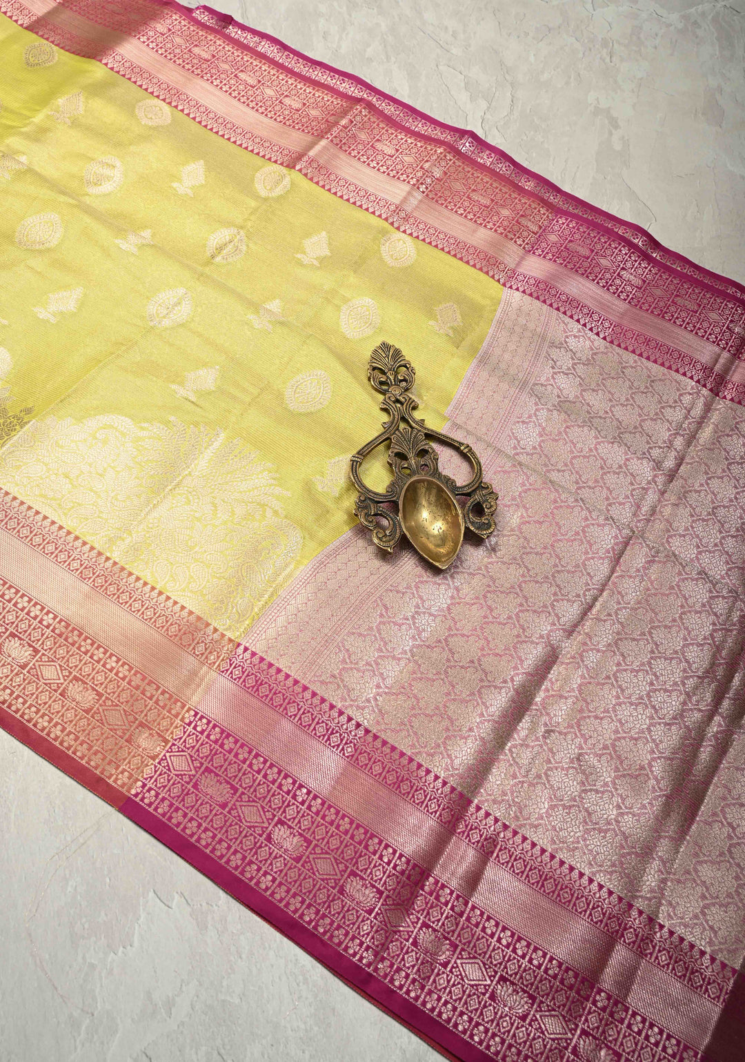 Mustard Yellow Kanjivaram Tissue Semi Silk Saree with Zari Buttas and Contrast Zari Border