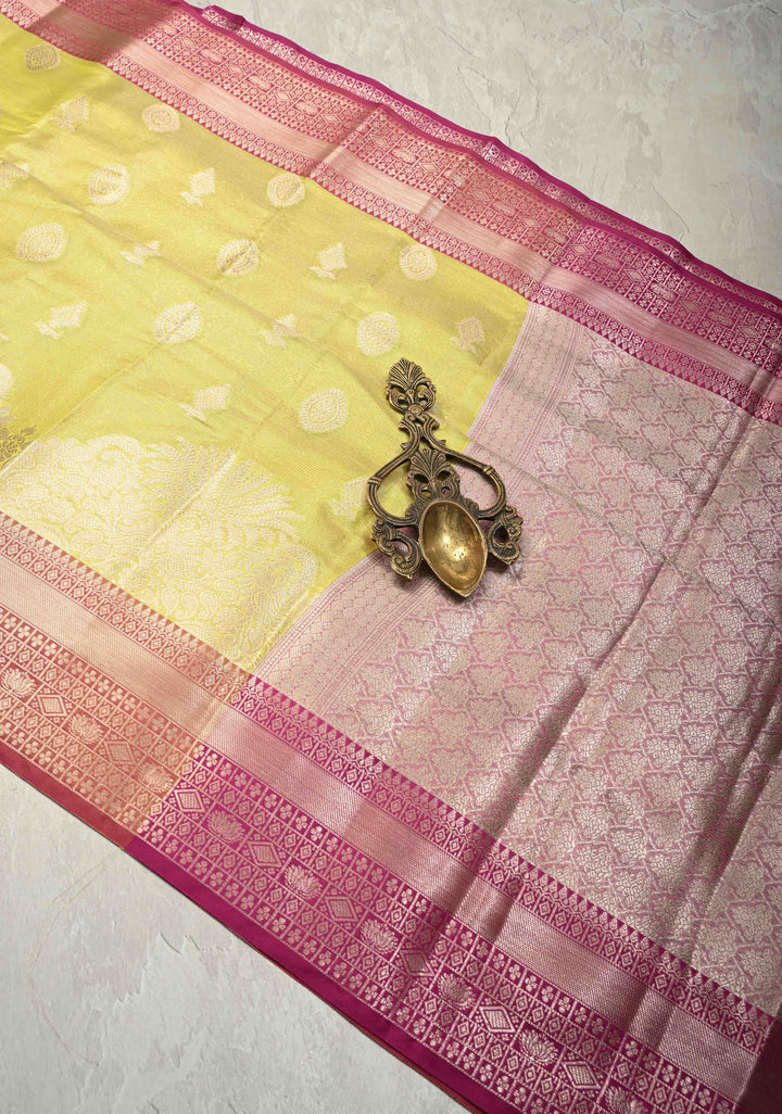 Mustard Yellow Kanjivaram Tissue Semi Silk Saree with Zari Buttas and Contrast Zari Border