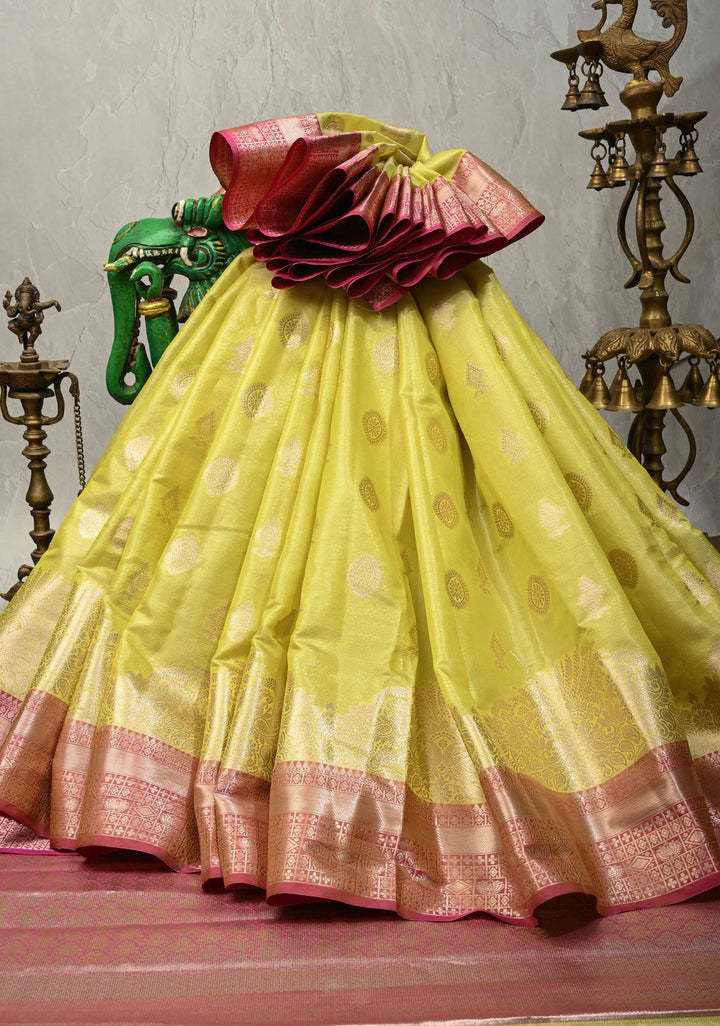 Mustard Yellow Kanjivaram Tissue Semi Silk Saree with Zari Buttas and Contrast Zari Border