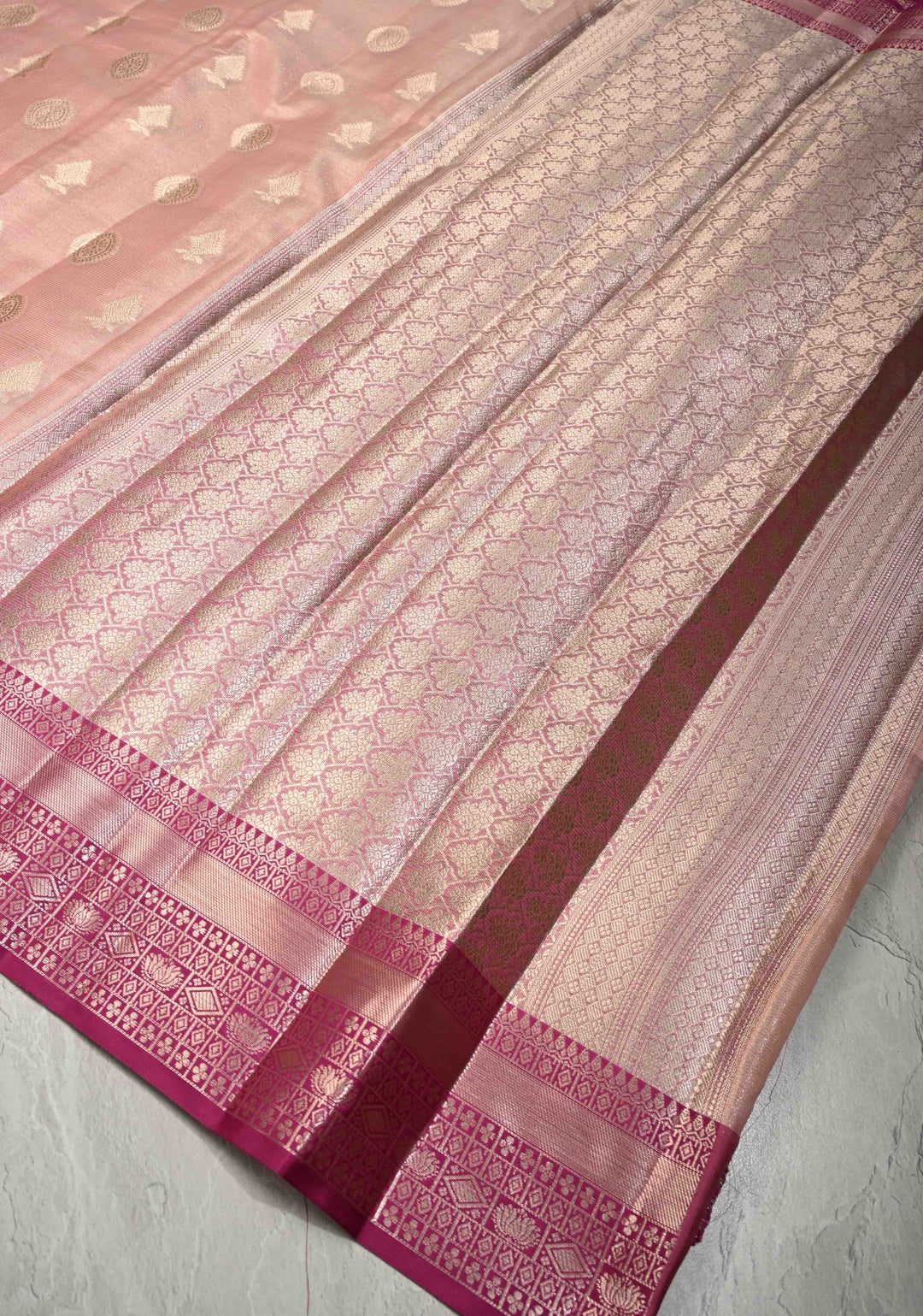 Salmon Pink Kanjivaram Tissue Semi Silk Saree with Zari Buttas and Contrast Zari Border