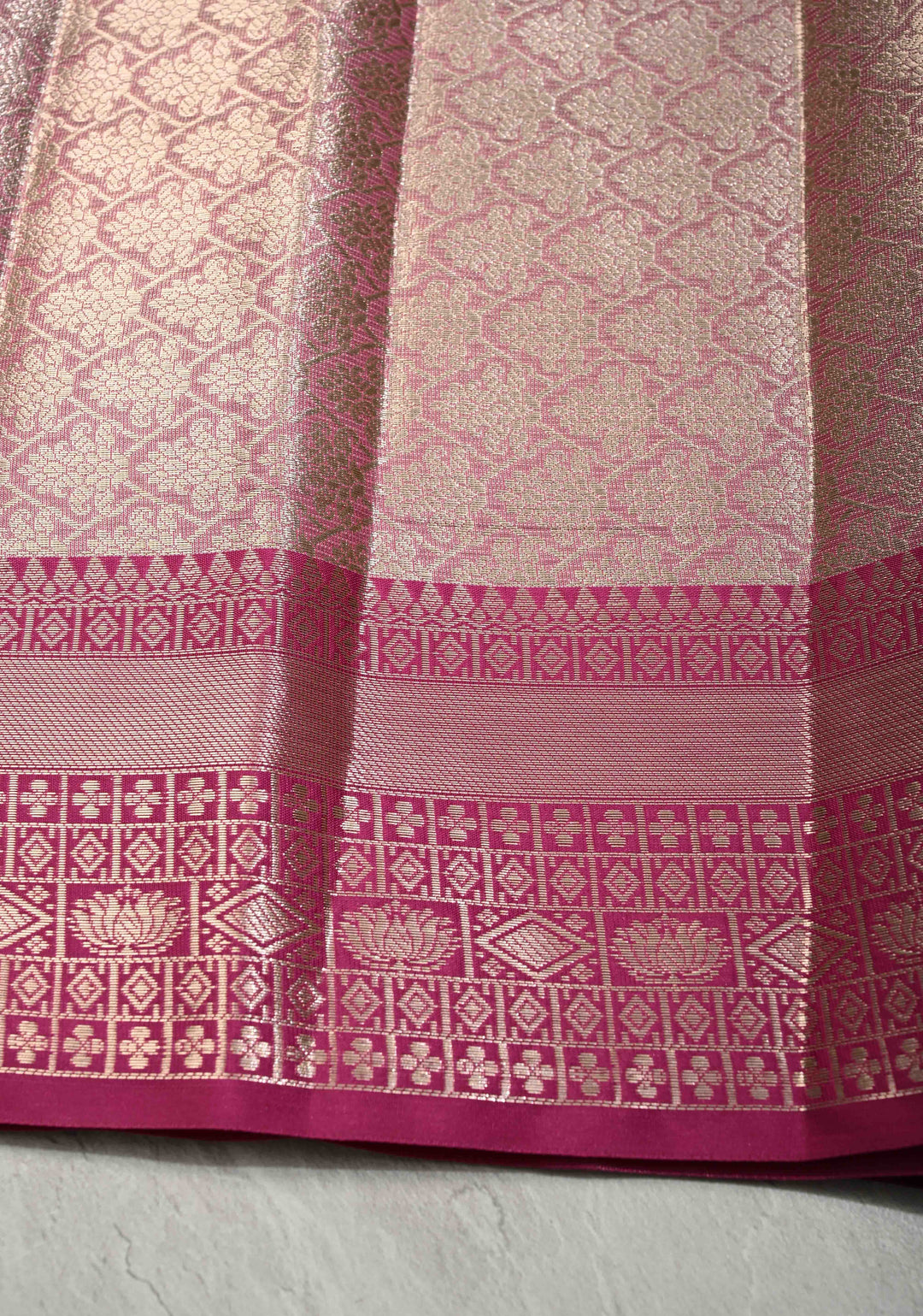 Salmon Pink Kanjivaram Tissue Semi Silk Saree with Zari Buttas and Contrast Zari Border