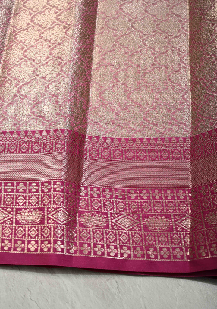 Salmon Pink Kanjivaram Tissue Semi Silk Saree with Zari Buttas and Contrast Zari Border