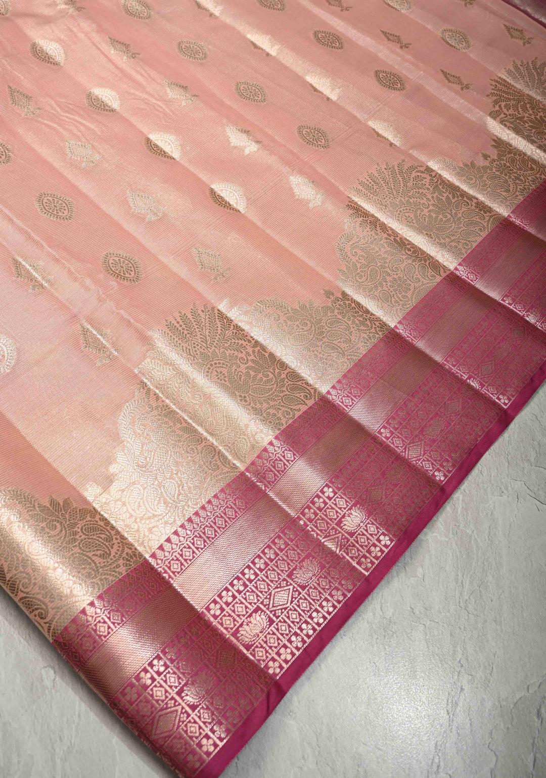 Salmon Pink Kanjivaram Tissue Semi Silk Saree with Zari Buttas and Contrast Zari Border