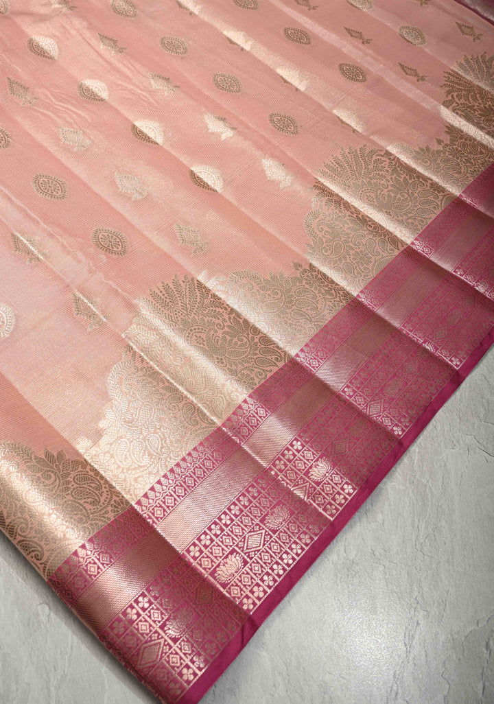 Salmon Pink Kanjivaram Tissue Semi Silk Saree with Zari Buttas and Contrast Zari Border
