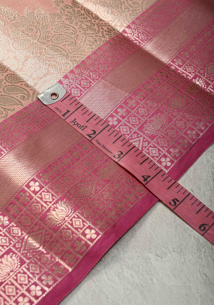 Salmon Pink Kanjivaram Tissue Semi Silk Saree with Zari Buttas and Contrast Zari Border