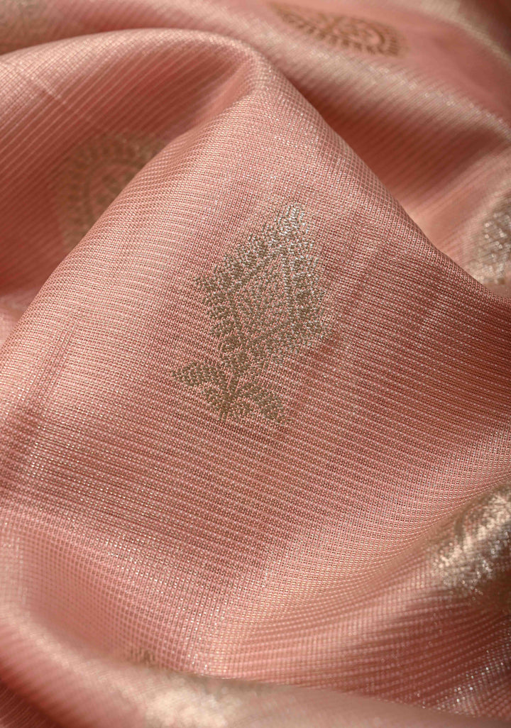 Salmon Pink Kanjivaram Tissue Semi Silk Saree with Zari Buttas and Contrast Zari Border