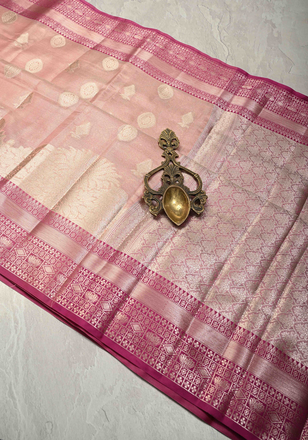 Salmon Pink Kanjivaram Tissue Semi Silk Saree with Zari Buttas and Contrast Zari Border