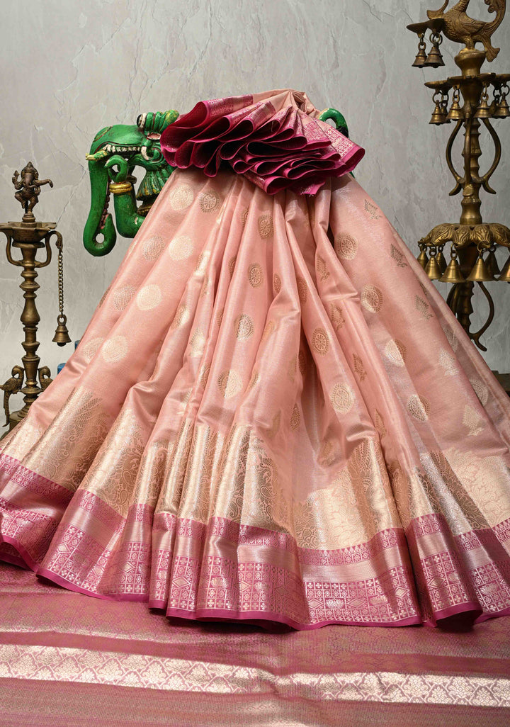 Salmon Pink Kanjivaram Tissue Semi Silk Saree with Zari Buttas and Contrast Zari Border