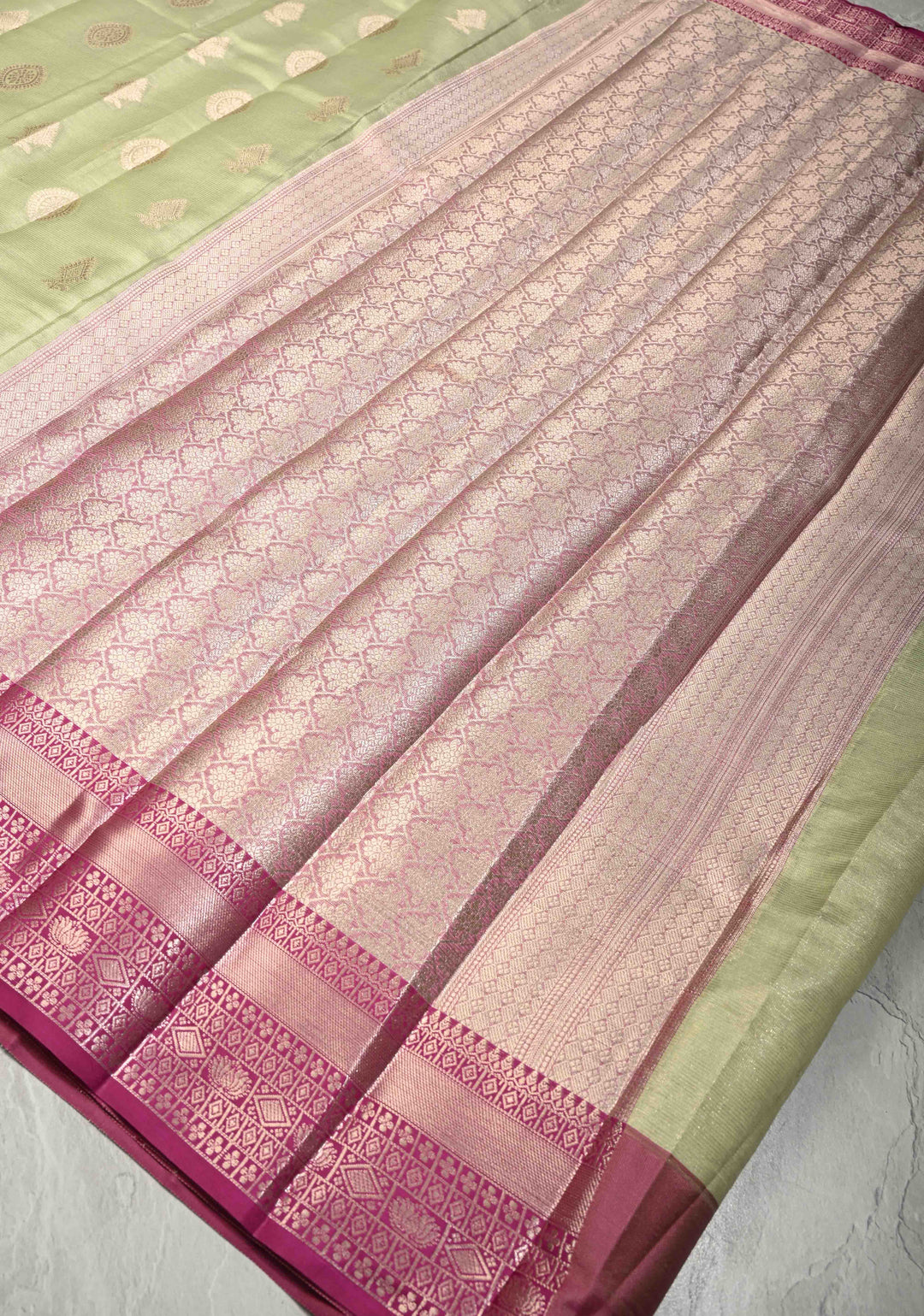 Pista Green Kanjivaram Tissue Semi Silk Saree with Zari Buttas and Contrast Zari Border