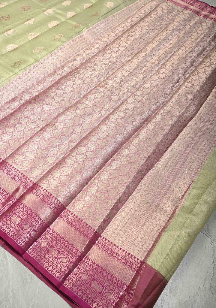 Pista Green Kanjivaram Tissue Semi Silk Saree with Zari Buttas and Contrast Zari Border