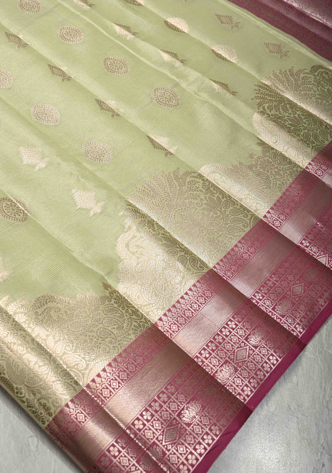 Pista Green Kanjivaram Tissue Semi Silk Saree with Zari Buttas and Contrast Zari Border