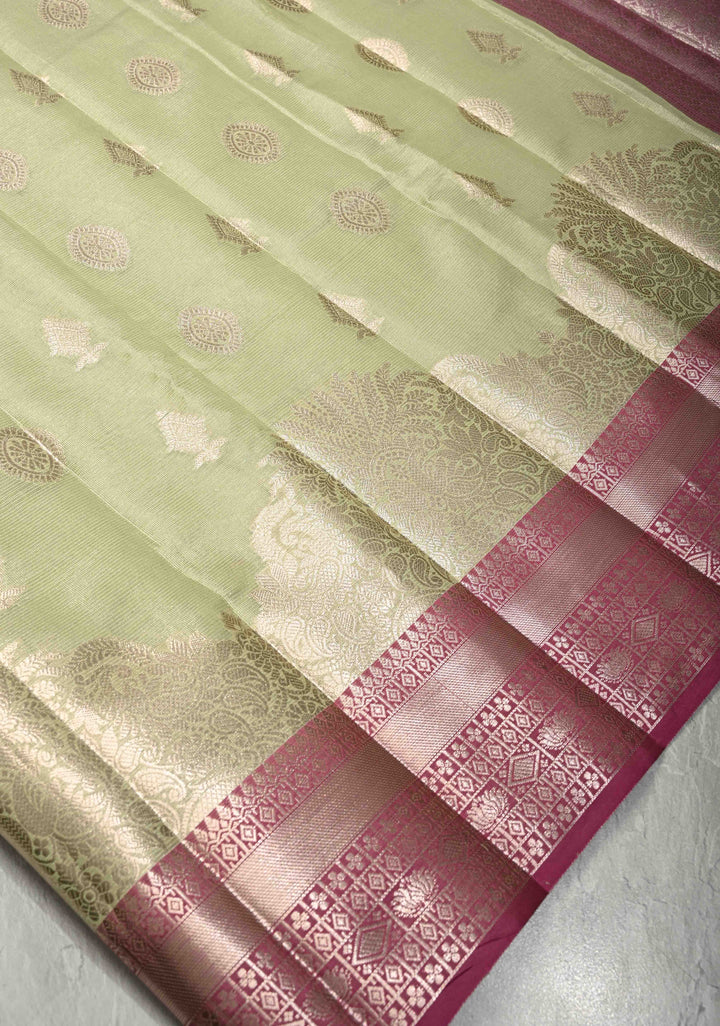 Pista Green Kanjivaram Tissue Semi Silk Saree with Zari Buttas and Contrast Zari Border