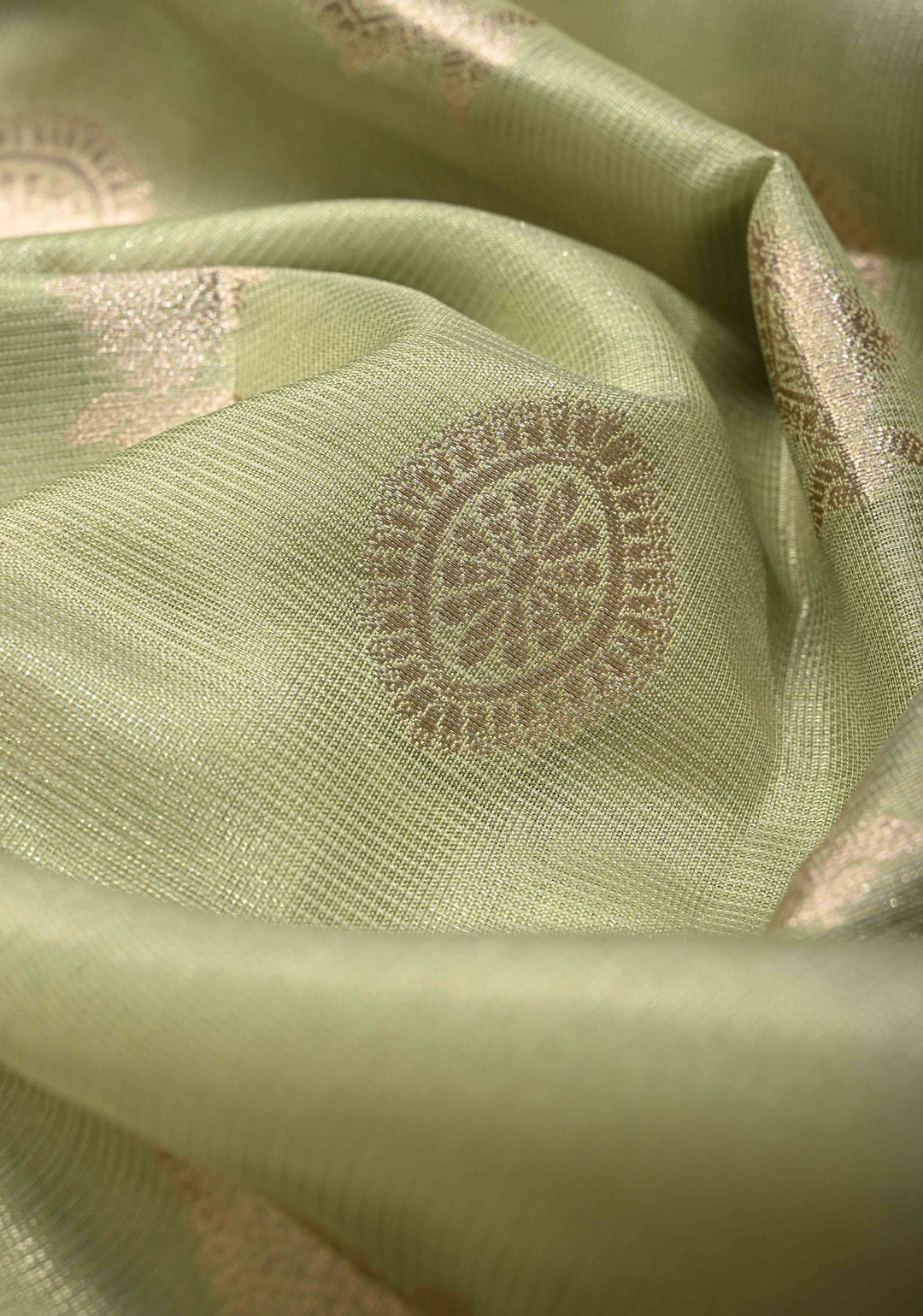 Pista Green Kanjivaram Tissue Semi Silk Saree with Zari Buttas and Contrast Zari Border